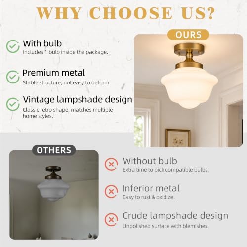 Bagood 8" Gold Schoolhouse Semi Flush Mount Ceiling Light