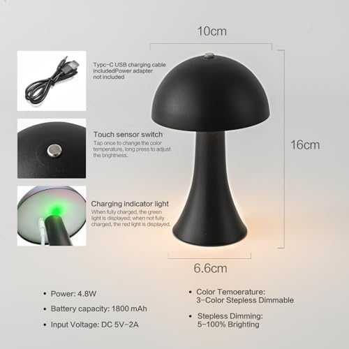 2 Pack Cordless Black Table Lamps, 1800mAh Rechargeable