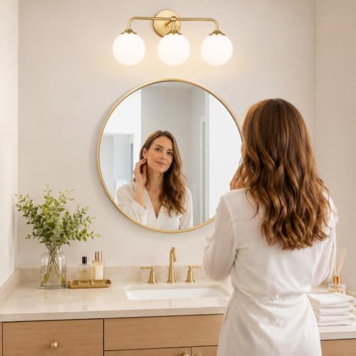 3-Light Brushed Gold Vanity Light with Milky White Glass Shades