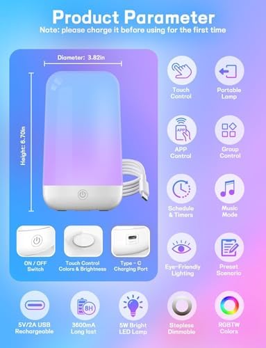 Smart Touch Rechargeable Multi-Color Bedside Lamp