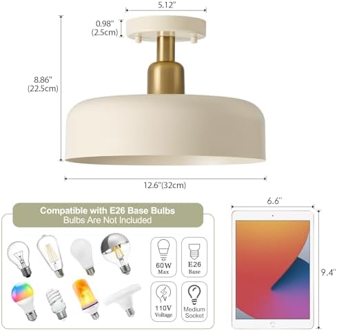 12.6 Inch Brass Accent Semi Flush Mount Ceiling Light