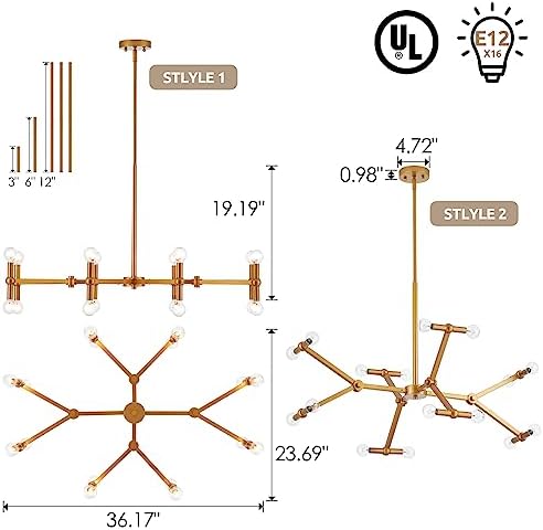16 Lights Linear Brass Pendant Light, L 36”