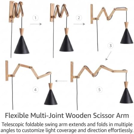 Wooden Scissor Swing Arm Plug-in Wall Sconce, Black