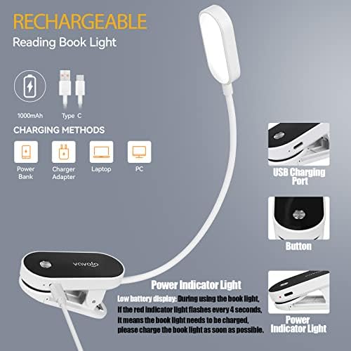 VAVOFO Rechargeable Book Light, 14 LEDs, White-Black