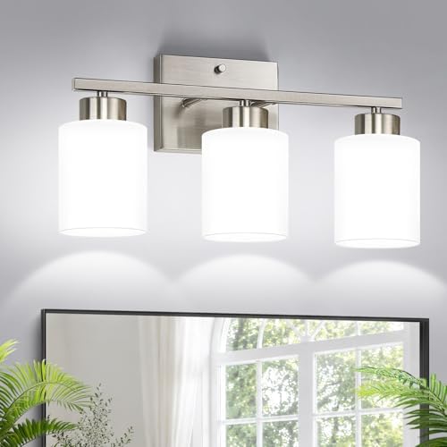 3-Light Brushed Nickel Bathroom Vanity Light with Milk Glass Shades