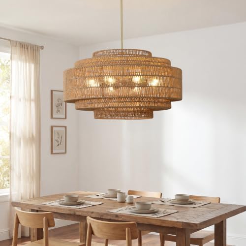 31.5" Large Rattan Chandelier, 8-Light Boho Drum Light
