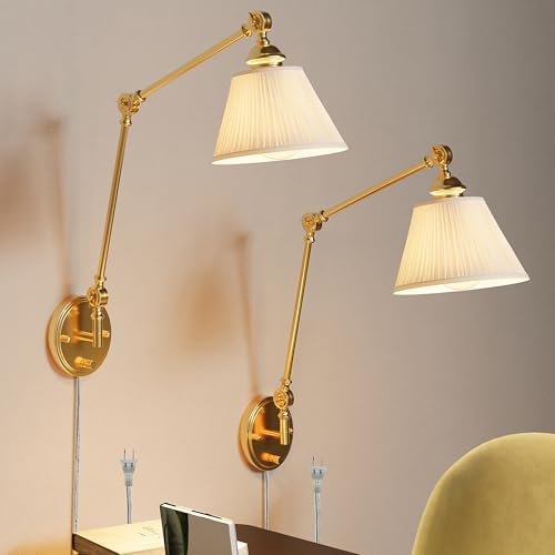 Gold Plug-in Swing Arm Wall Sconces, 2 Pack
