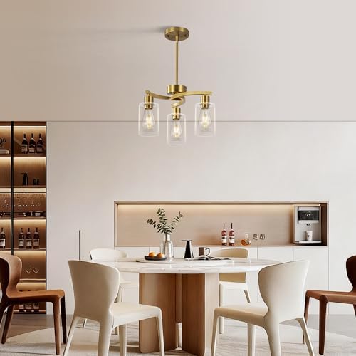3-Light Brushed Gold Chandelier with Clear Glass Shade