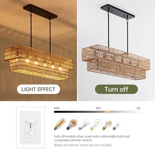 6-Light 34” Boho Rattan Linear Chandelier