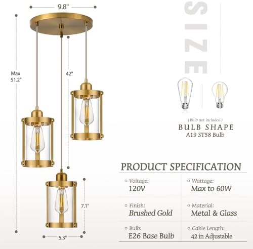 Brushed Gold 3-Light Cluster Pendant Chandelier, Clear Glass