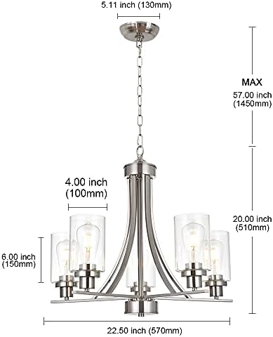 BONLICHT 5-Light Brushed Nickel Chandelier, Clear Glass Shade