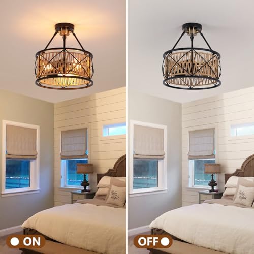 3-Light Hand-Woven Boho Rattan Ceiling Light