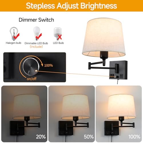 Swing Arm Wall Sconce with Linen Shade and USB Charging Ports