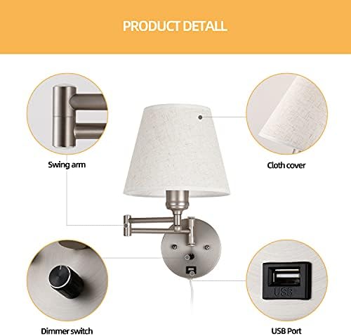 Plug-in Dimmable Swing Arm Wall Sconce, Satin Nickel