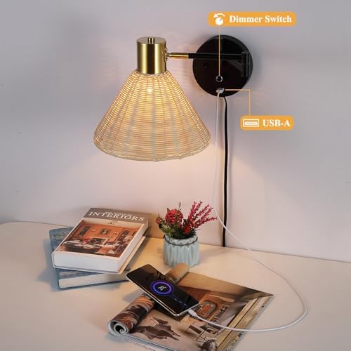 Plug-in Rattan Swing Arm Wall Sconce, Black