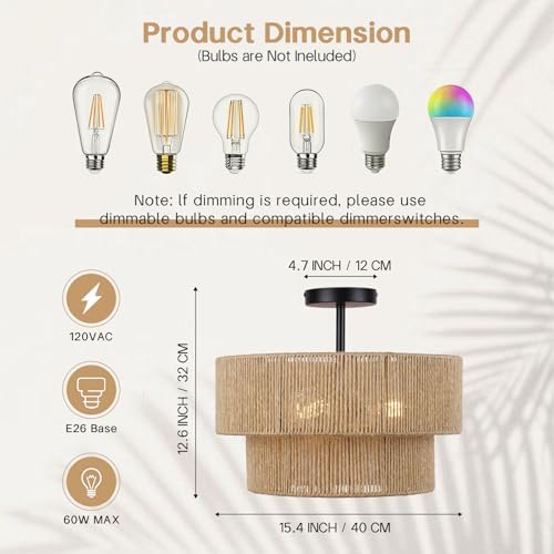 15.7'' Boho Light Fixtures Ceiling Mount, Coastal Hemp rope Semi Flush