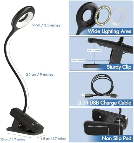 CUHIOY Rechargeable Clip-On Reading Light, Black, 1 Pack