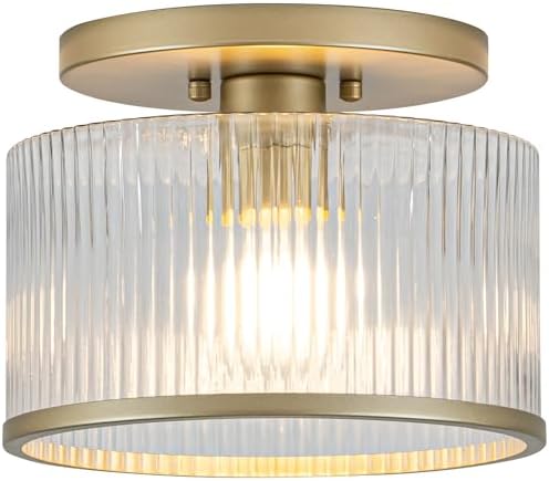 Zlepmlla Ribbed Glass Semi Flush Mount Ceiling Light, Gold