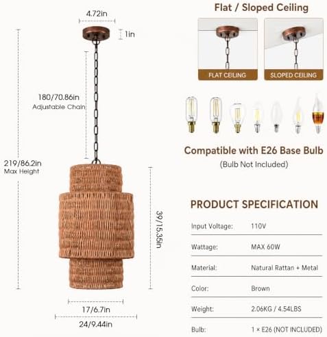 Natural Rattan Pendant Light, 9.44”