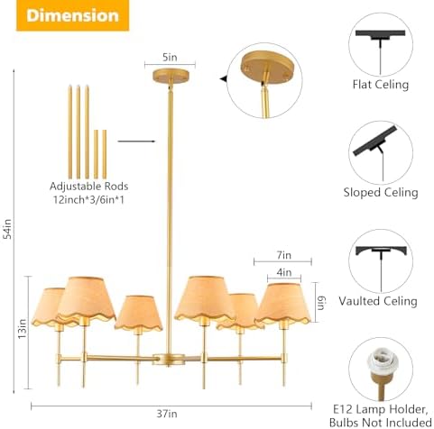 Gold Farmhouse Chandelier 6-Light Boho Pendant Lamp 37.5‘’ Large