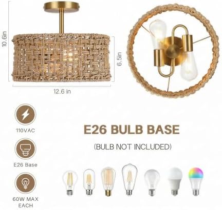 Boho Rattan Ceiling Light, 12.6" Woven Drum Flush Mount