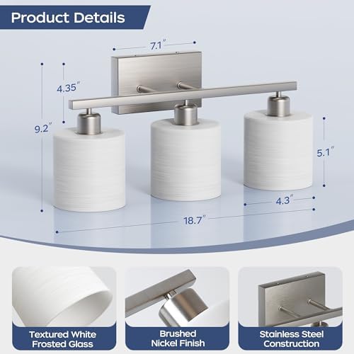 PARTPHONER 3-Light Bathroom Vanity Light, Brushed Nickel