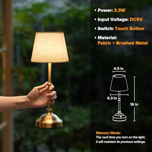 2 Pack Brushed Gold Cordless Table Lamps, 3 Colors