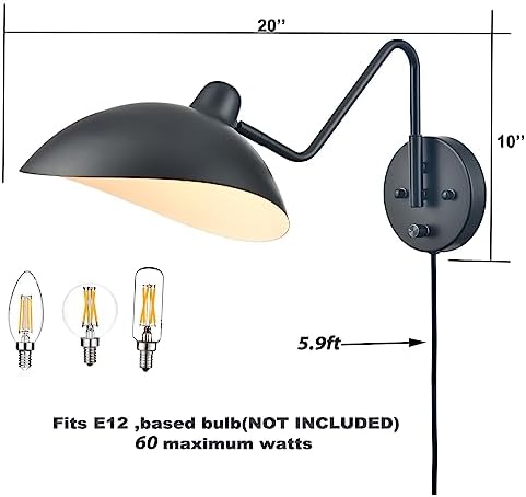 Black Plug in Wall Light with On/Off Switch Set of 2 Swing Arm