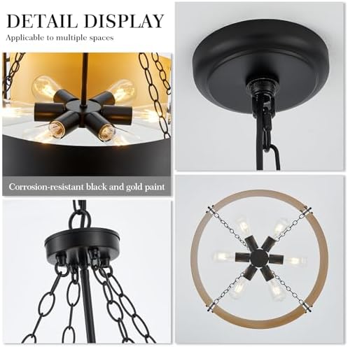 6-Light Black and Gold Drum Chandelier, 23.72"