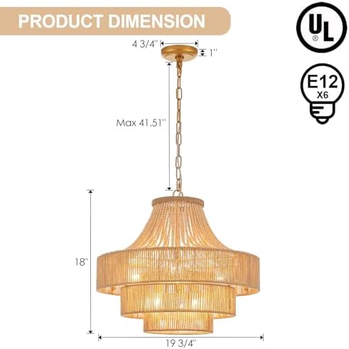 6-Light Wood Beaded Rattan Chandelier, 20-Inch