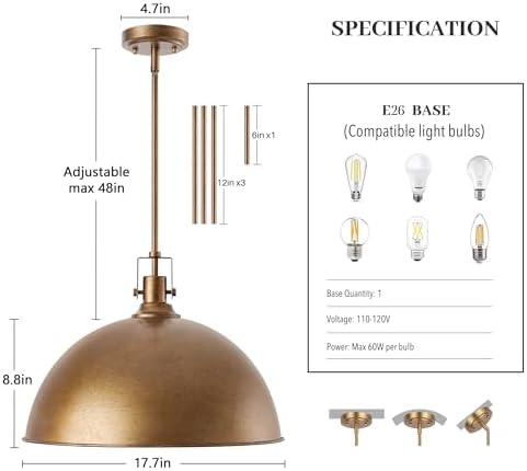 17.7 Inch Dome Pendant Light, Antique Brown