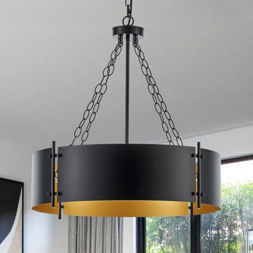 6-Light Black and Gold Drum Chandelier, 23.72"