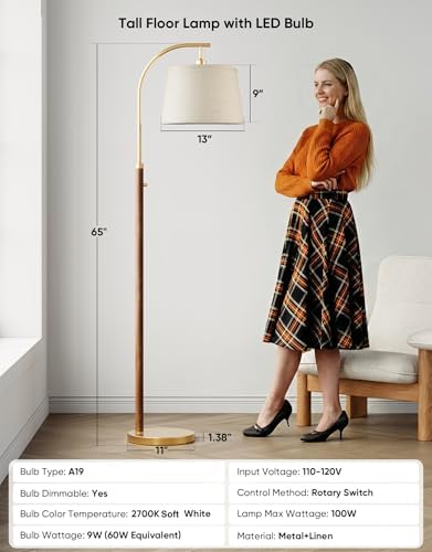 Dimmable Arc Floor Lamp, 65" Tall, Gold and Walnut Color