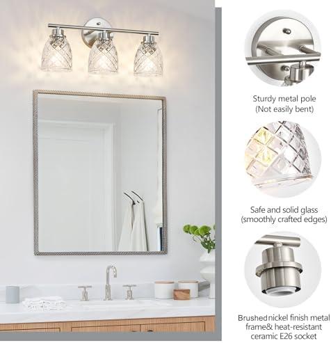 3-Light Bathroom Light Fixtures, Brushed Nickel Vanity Lights Over