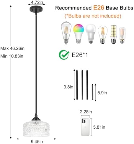 Daunton Black Vintage Glass Pendant Light