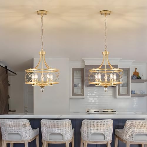 5-Light Gold Metal Pendant Chandelier, 15.2"
