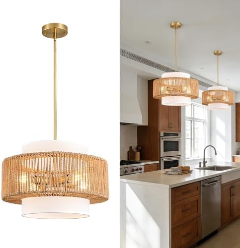 17.7" Boho Rattan 4-Light Chandelier