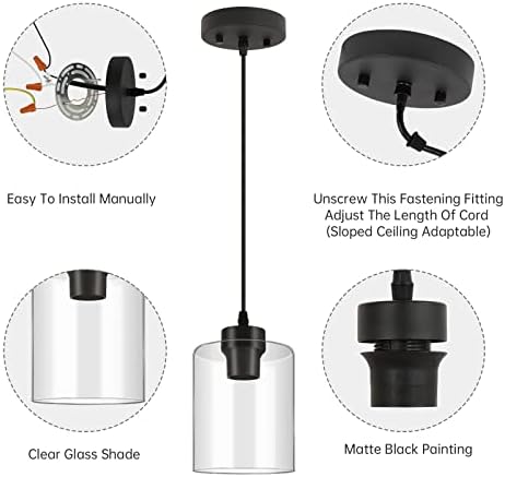 BoostArea Modern Pendant Light, Black, Clear Glass Shade