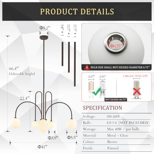 CATINER Modern 40" 6-Light Brown Sputnik Chandelier