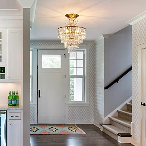 CVKASH 5-Light Gold Crystal Semi-Flush Mount Chandelier
