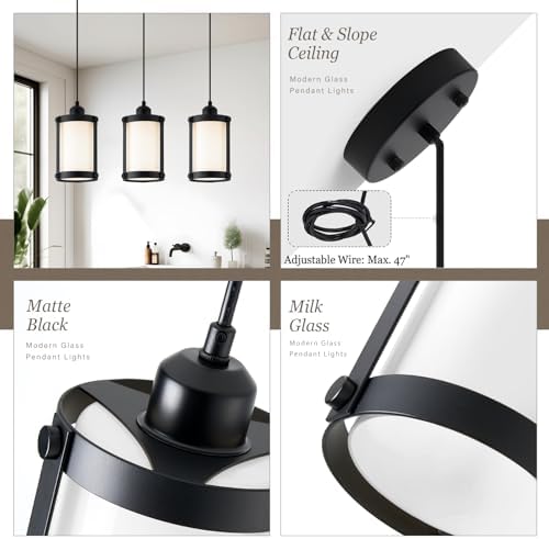 Matte Black Pendant Light, Milk Glass, 1-Light