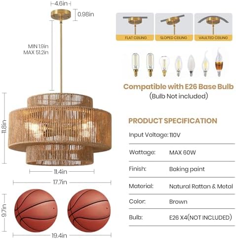17.7" Boho Rattan Chandelier, 4-Light