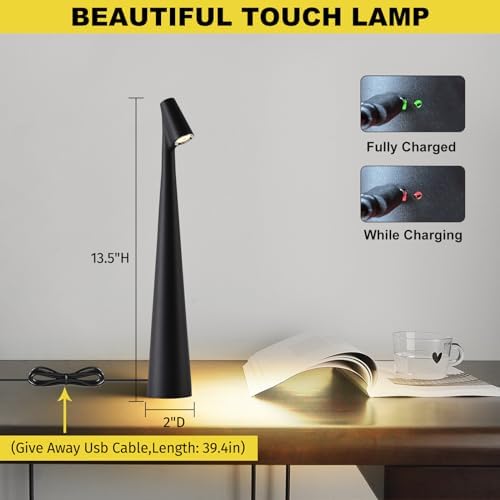 Black Set of 2 Cordless Table Lamps, Rechargeable