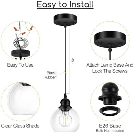 Black Glass Pendant Light, 71-Inch Adjustable Hanging Lamp
