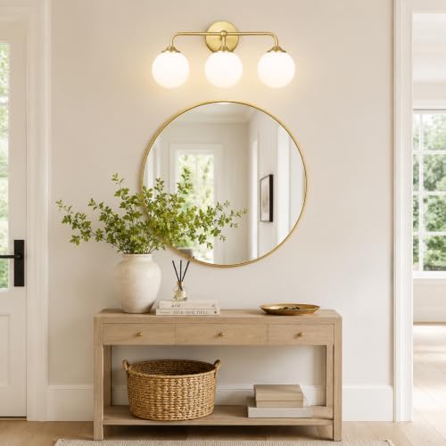 3-Light Brushed Gold Vanity Light with Milky White Glass Shades