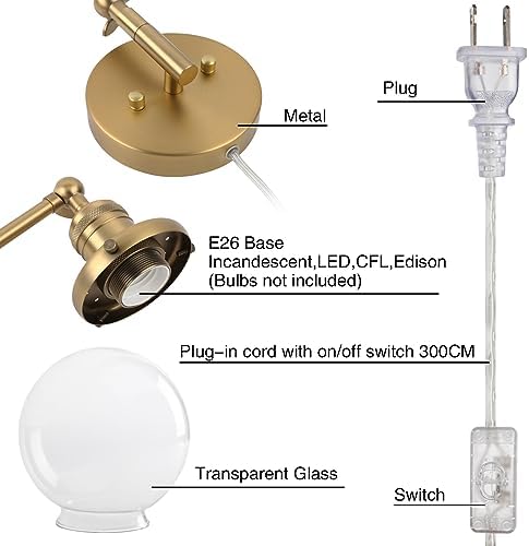 PERMO Plug-In Swing Arm Wall Sconce, 5.9" Glass Shade