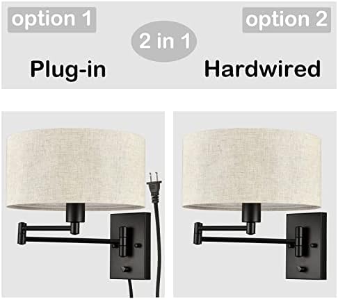 SAMTEEN Plug-in Swing Arm Wall Sconce, Linen Shade