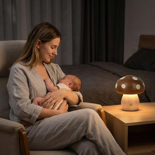 Wood Mushroom Lamp, Rechargeable Small Bedside Lamp