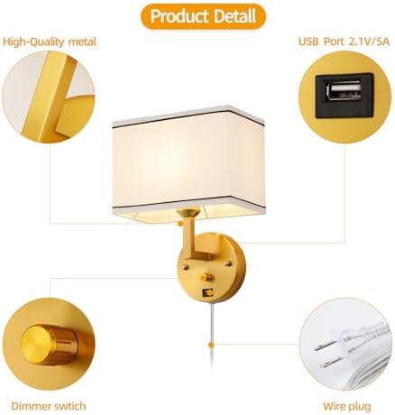 9.5" Plug-In Wall Sconce, Gold, USB Charging Port
