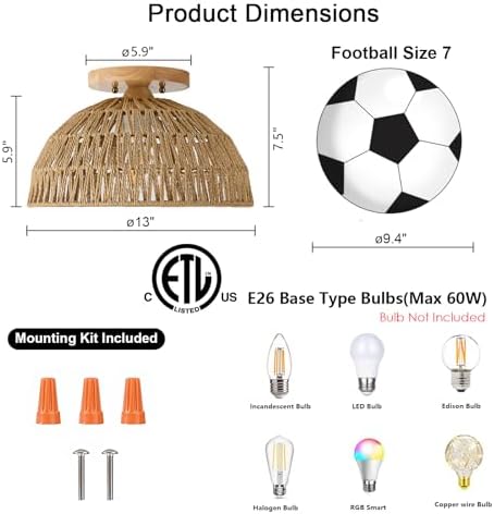 13 Inch Rattan Flush Mount Ceiling Light